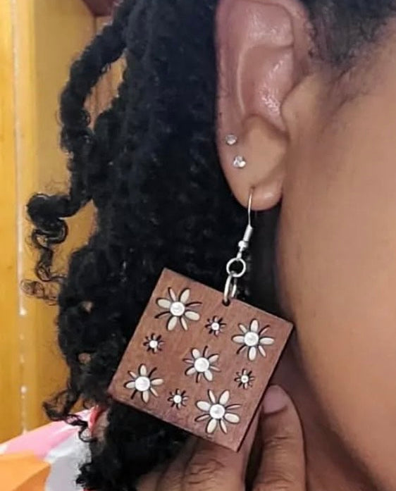 Beloved Flower | Laser-Cut Wood Earrings with Rhinestones