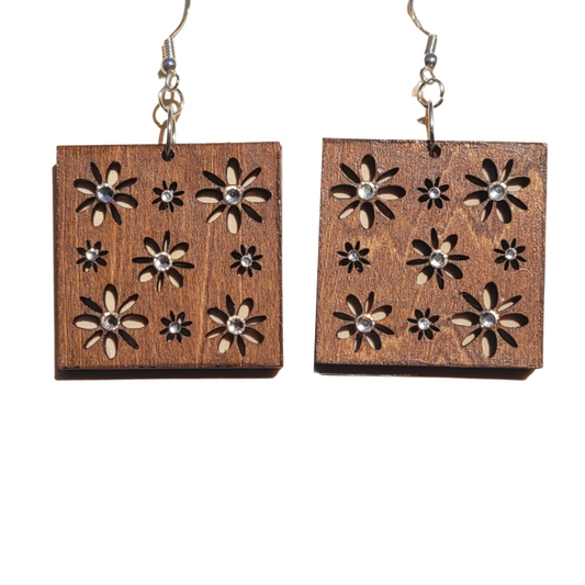 Beloved Flower | Laser-Cut Wood Earrings with Rhinestones
