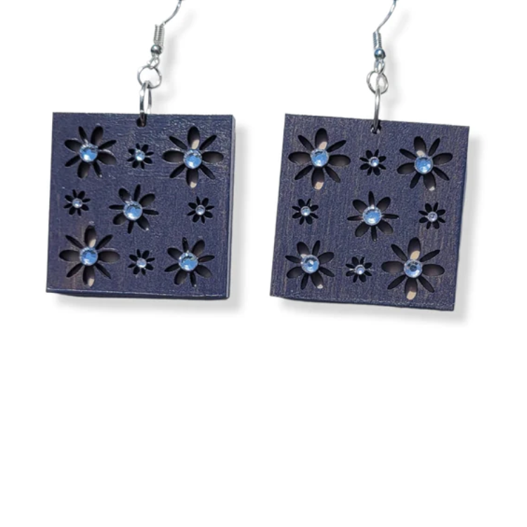 Beloved Flower | Laser-Cut Wood Earrings with Rhinestones