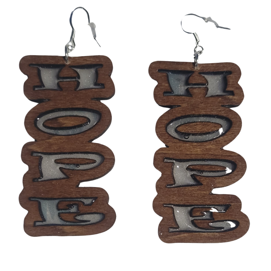 Hope Earrings | Laser Cut Wood Earrings with Resin Filling | Outline or Inline