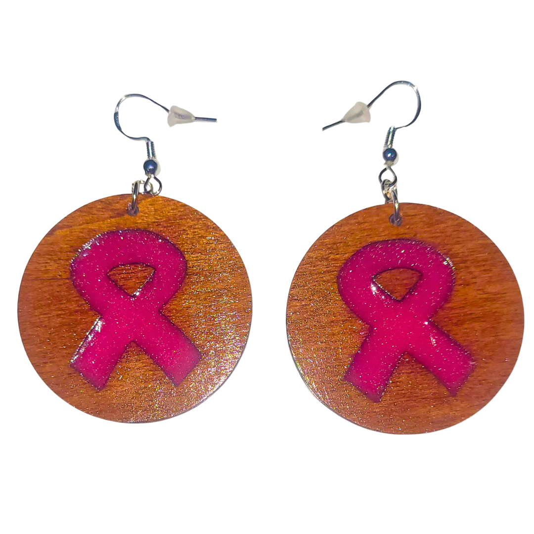 Pink Ribbon Resin in Wood Earrings