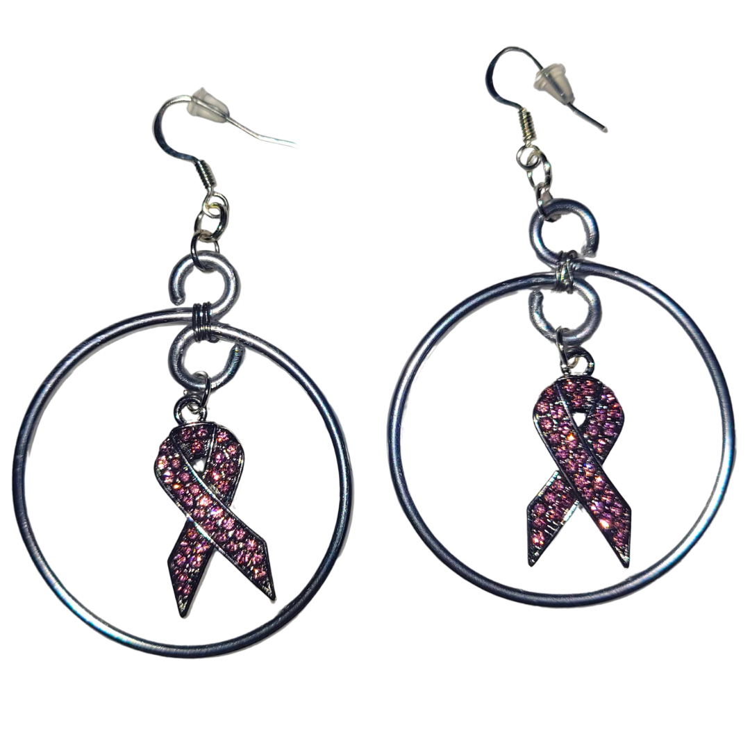 Breast Cancer Awareness Month Pink Ribbon Rhinestone Earrings Binded Word