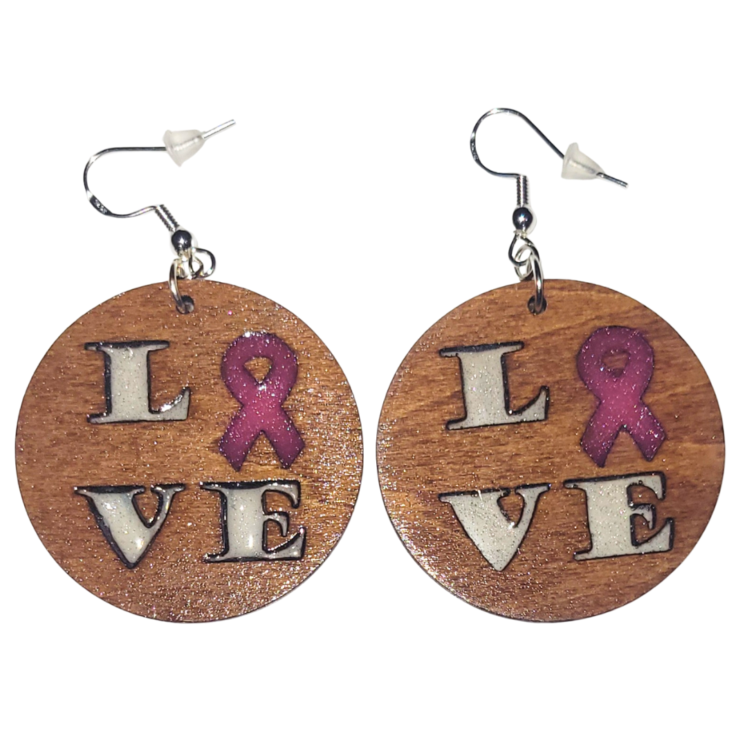 Breast Cancer Awareness Pink Ribbon Love Earrings | Laser Cut Wooden Earrings