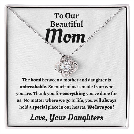 To Our Beautiful Mom | Love, Your Daughters | Love Knot Necklace (14kWhite Gold or 18k Yellow Gold)