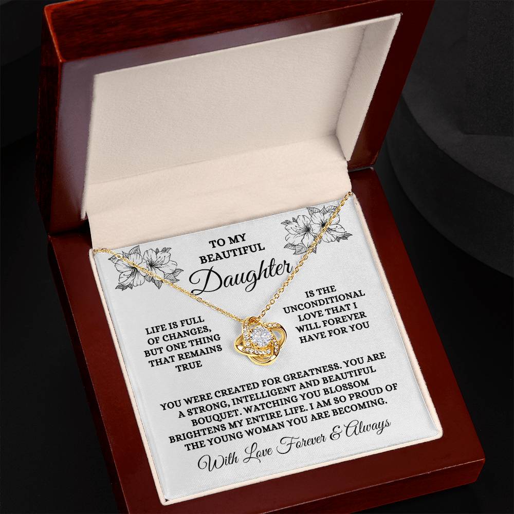 To My Beautiful Daughter, Unconditional Love | Love Knot Necklace (14k White Gold or 18k Yellow Gold)