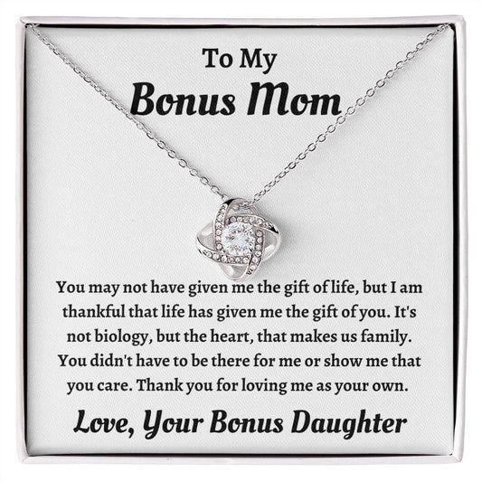 To My Bonus Mom, Love, Your Bonus Daughter | Love Knot Necklace (14k White Gold or 18k Yellow Gold)